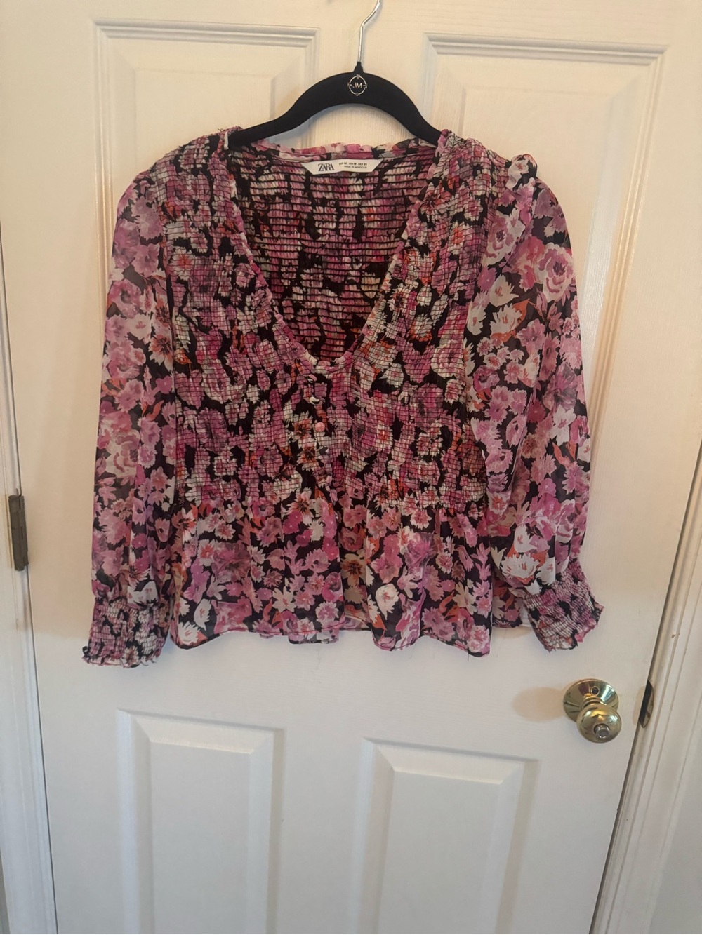 Zara Pink Floral Smocked V-Neck Blouse
